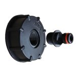 Black IBC Hoselock adapter with a round connector, internal threading, and orange-sealed nozzle fitting.