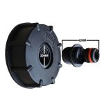 Side profile of an adaptor that converts an IBC valve to a hozelock connector with dimensions and showing detachable end