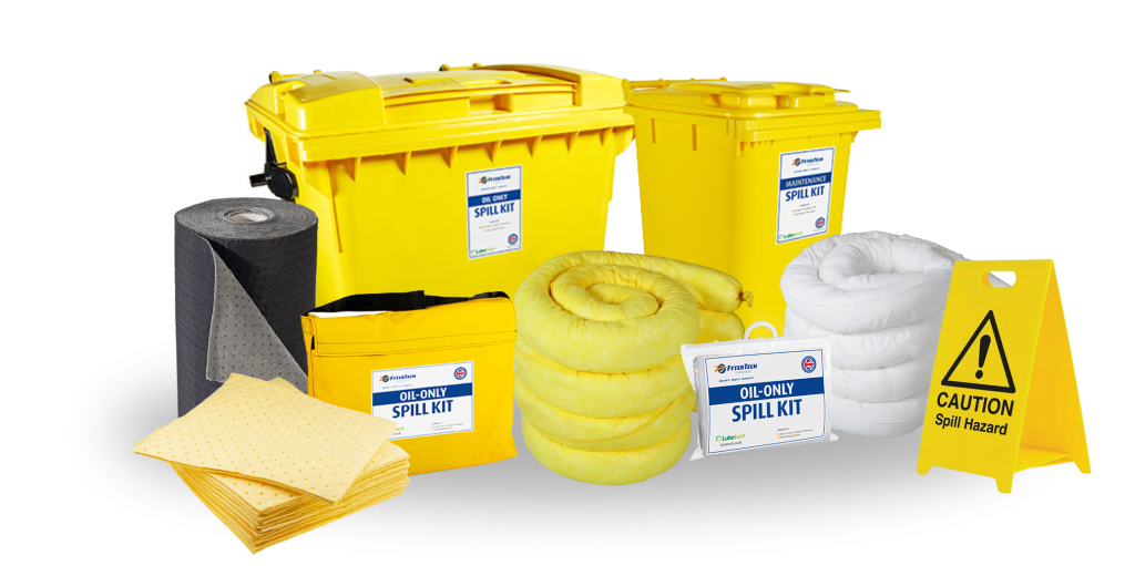 A complete spill kit with absorbent materials, personal protective equipment, and disposal bags.