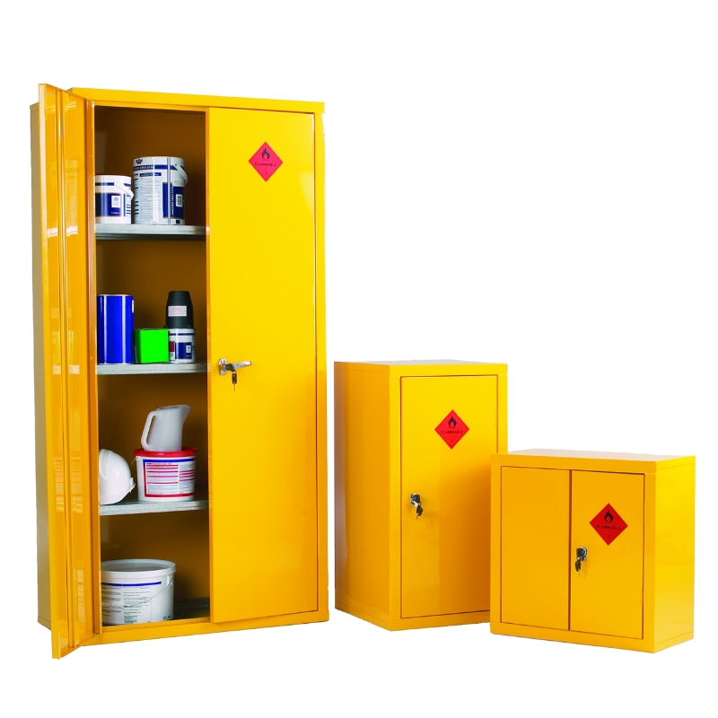 1 Yellow hazardous storage cabinets, one open with cans and PPE inside.