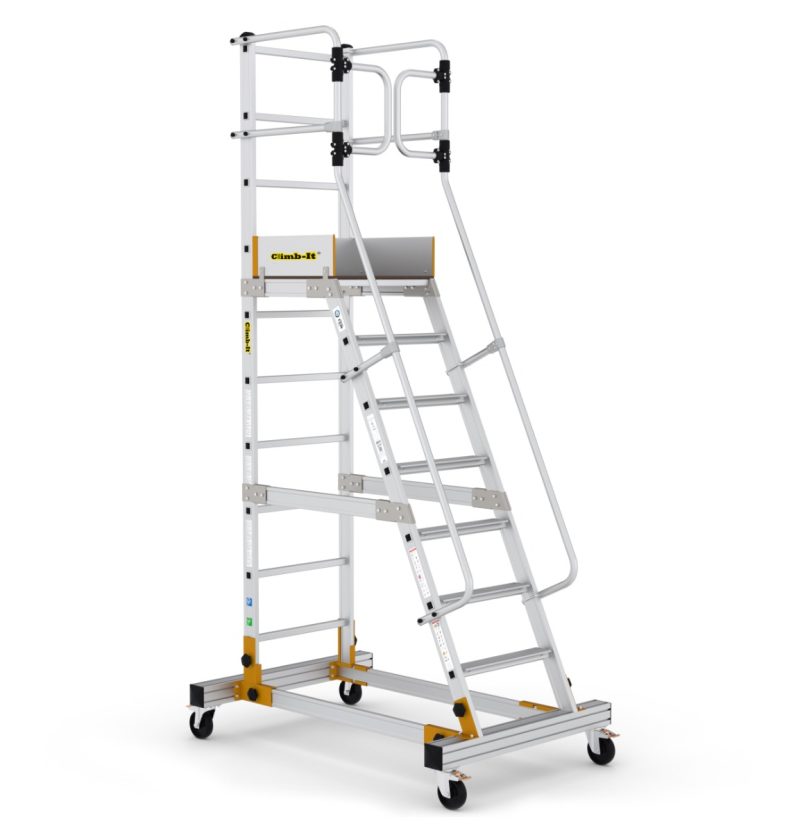 Aluminium mobile platform ladder with wheels and guard rails