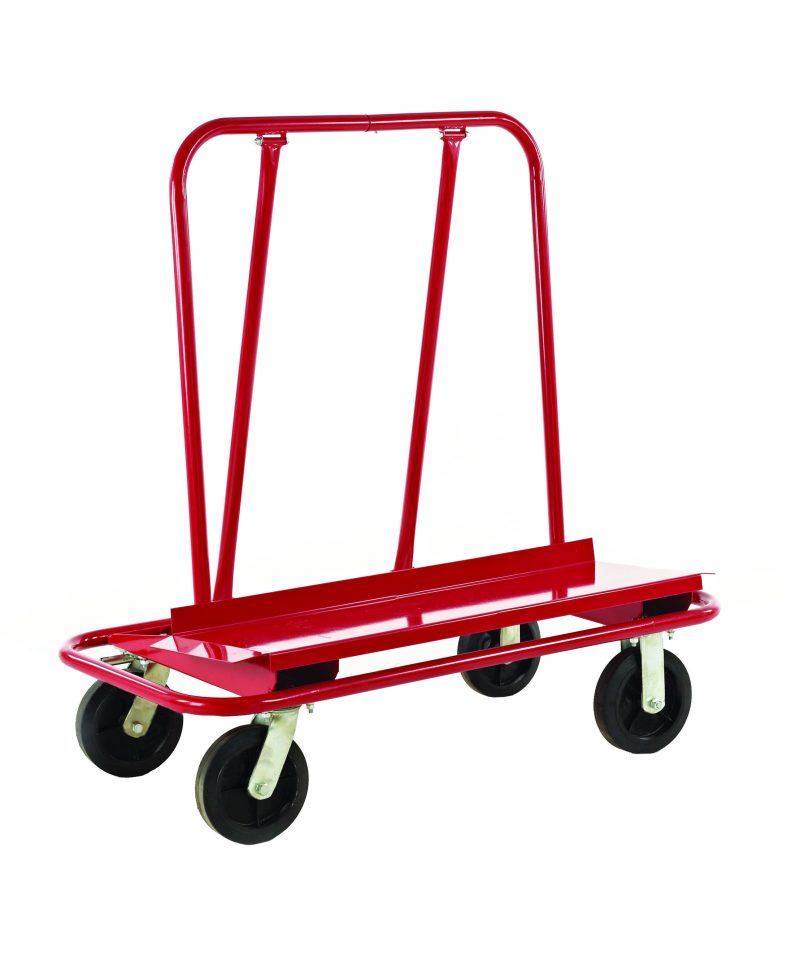 Red board trolley with centre A-frame and four swivel wheels.