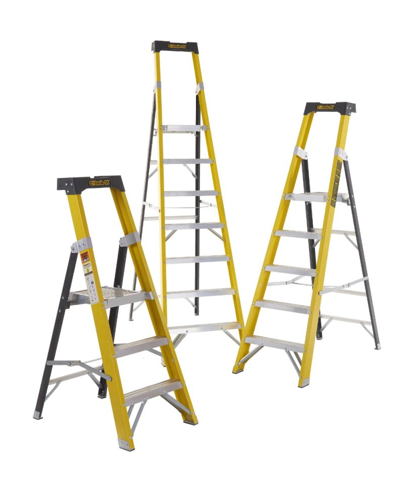 Group of yellow fibreglass platform stepladders of various heights