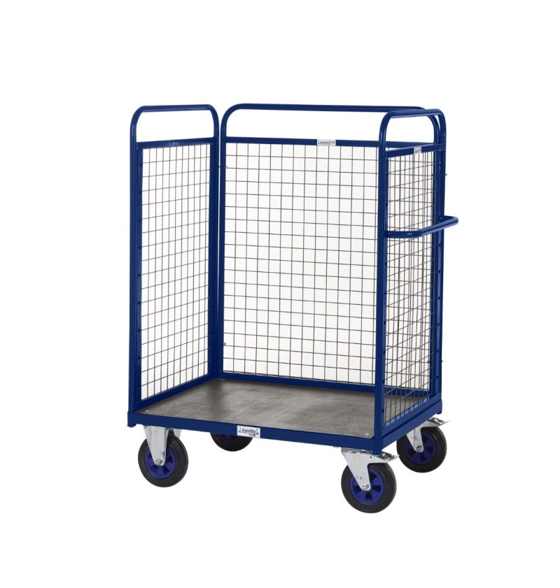 padt302y_3_2.jpg Blue wire-mesh sided cage trolley with handle and castors.