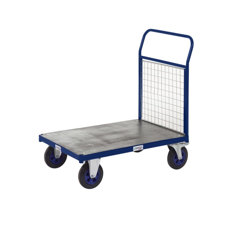 Blue mesh-sided platform trolley with large wheels and a pull handle.