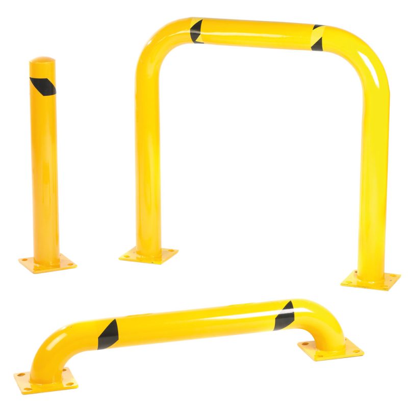 Three yellow steel safety barriers with black hazard stripes