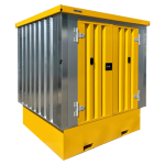 Yellow and galvanised corrugated storage container on a bunded base with double doors