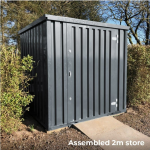 Dark grey corrugated storage container outdoors on a base.