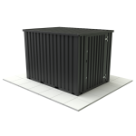 Dark grey corrugated steel container with lockable door on a tiled base