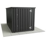 Row of dark grey corrugated storage containers on concrete steps