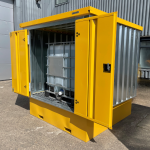 Long yellow and galvanised storage container with corrugated sides and side door
