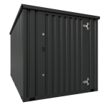 Long yellow and galvanised storage container with corrugated sides and side door.