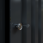 Yellow and galvanised steel storage container with front door on tiled base.