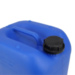Close-up of a blue plastic jerry can with black cap and handle