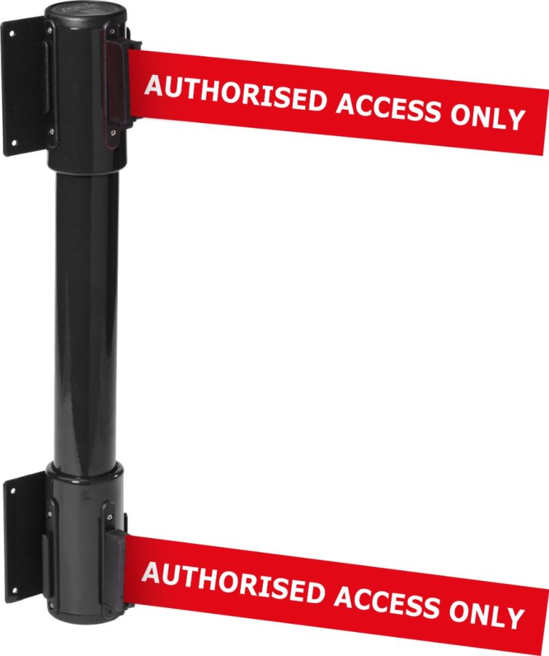 Wall-mounted twin belt barrier reading “AUTHORISED ACCESS ONLY”.