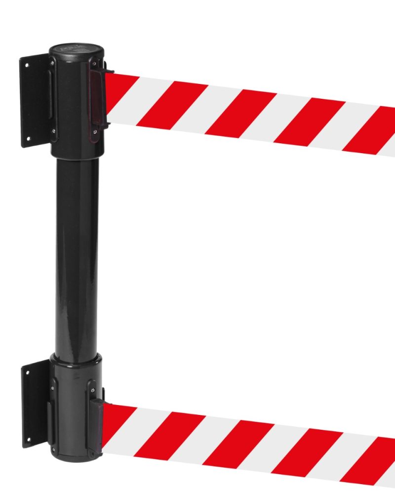 Wall-mounted twin-belt barrier with red/white chevron tapes.